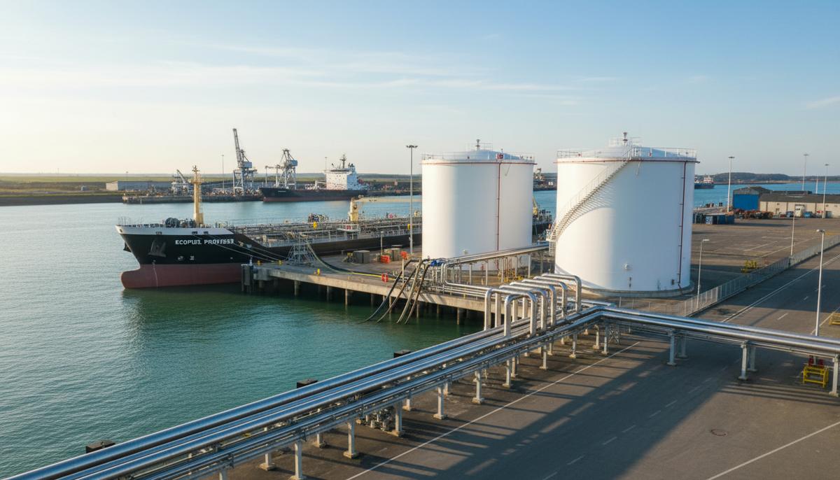 Великобритания: запущен первый коммерческий хаб биометанольного бункерования в Иммингеме Современный промышленный порт Иммингем с инфраструктурой для бункеровки биометанолом: белые резервуары, трубопроводы и судно.