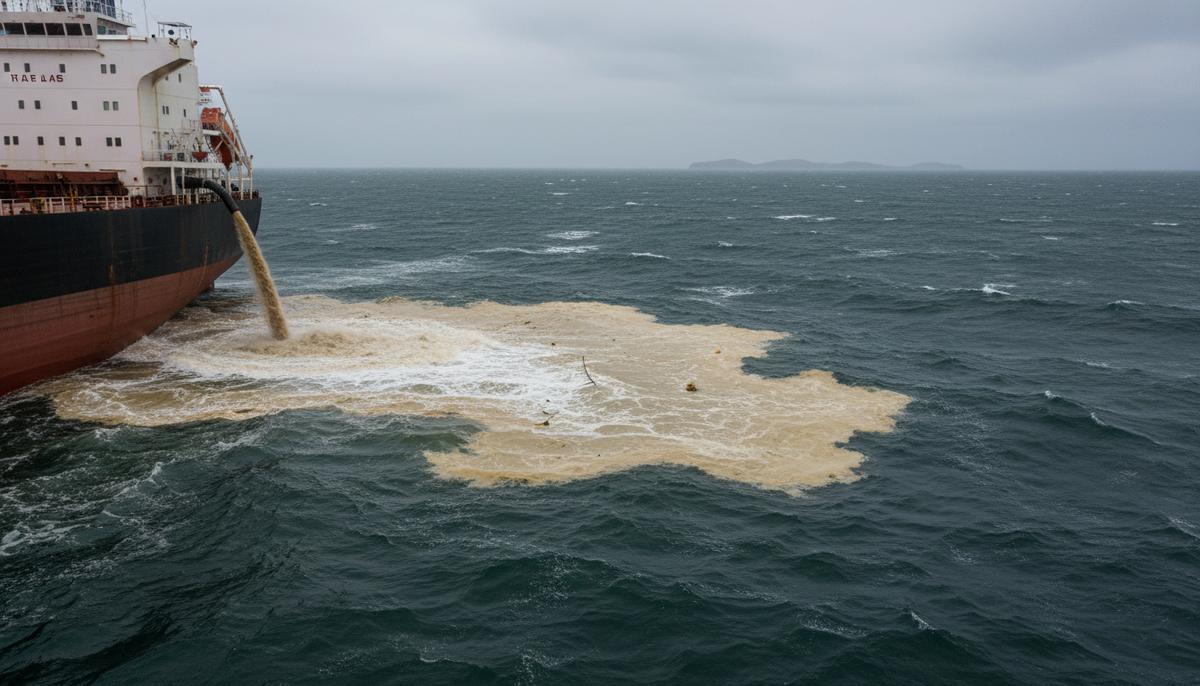 Крупное грузовое судно в открытом море, выбрасывающее сточные воды со скрубберов. Видны следы загрязнения на поверхности воды.