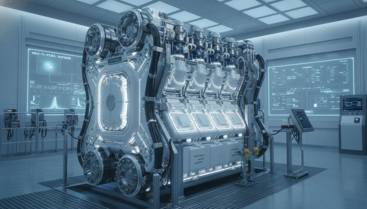 Petredec и Carnot Engines: новая эра двигателей с 70% КПД и многотопливностью Современный, высокоэффективный судовой двигатель нового поколения в индустриальной тестовой среде. Видны элементы инновационной конструкции, использующей передовые материалы.