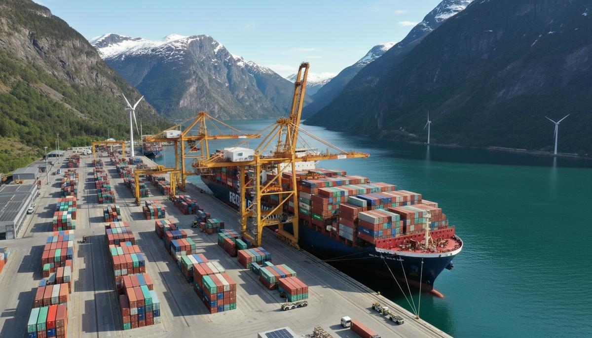 Норвегия открывает «зеленый» морской коридор: аммиачное судно предвещает новую эру Современный контейнеровоз у причала европейского порта, промышленный кран рядом со штабелями цветных контейнеров. Портовая инфраструктура.