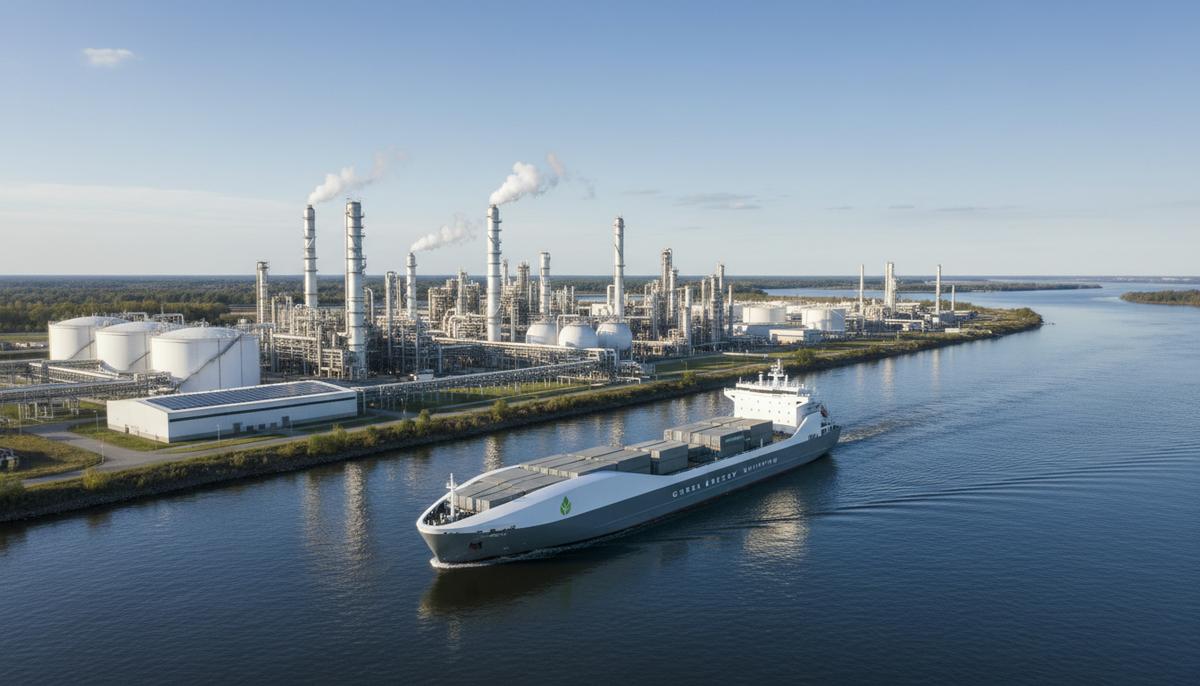 Современный завод по производству э-метанола на берегу реки, рядом с которым по морю плывет большой грузовой контейнеровоз.