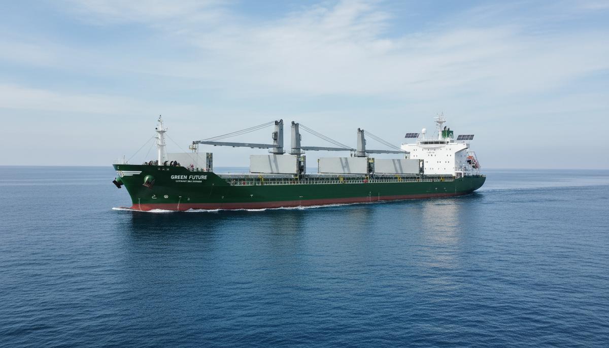 Новый стандарт в судоходстве: первый балкер на биометаноле сокращает выбросы на 65% Современный балкер «Грин Фьючер» в открытом море. Судно с передовыми технологиями, идущее по спокойной воде.