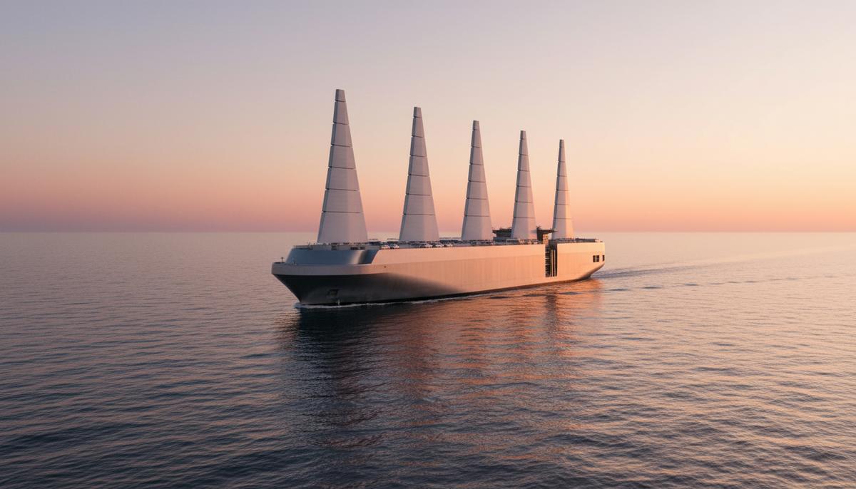 Современное грузовое судно с высокими белыми жесткими крыльями-парусами движется по морю, используя энергию ветра.