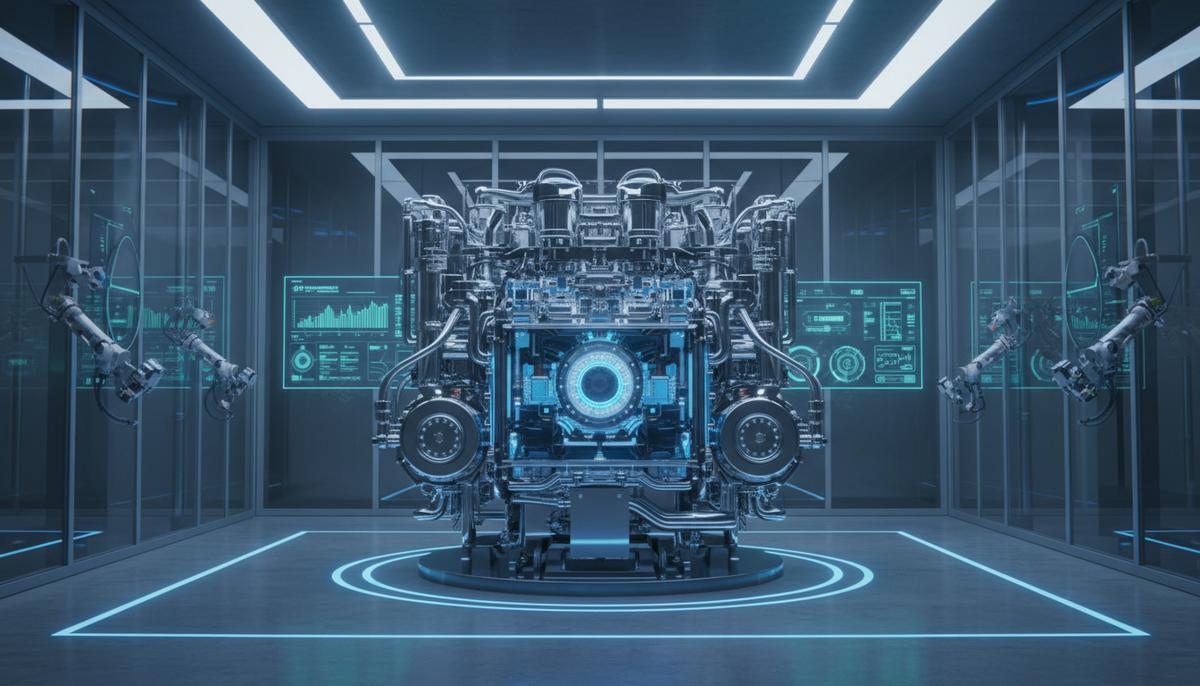 Крупный современный судовой двигатель на водородном топливе в чистом промышленном испытательном цехе, демонстрирующий технологичность и надежность.