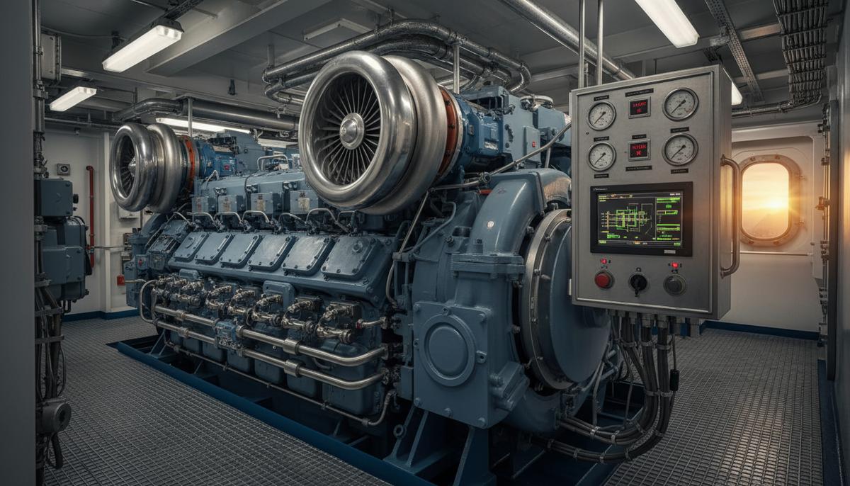 Мощный судовой дизельный двигатель и панель управления в машинном отделении. Детализированы механизмы и приборы.