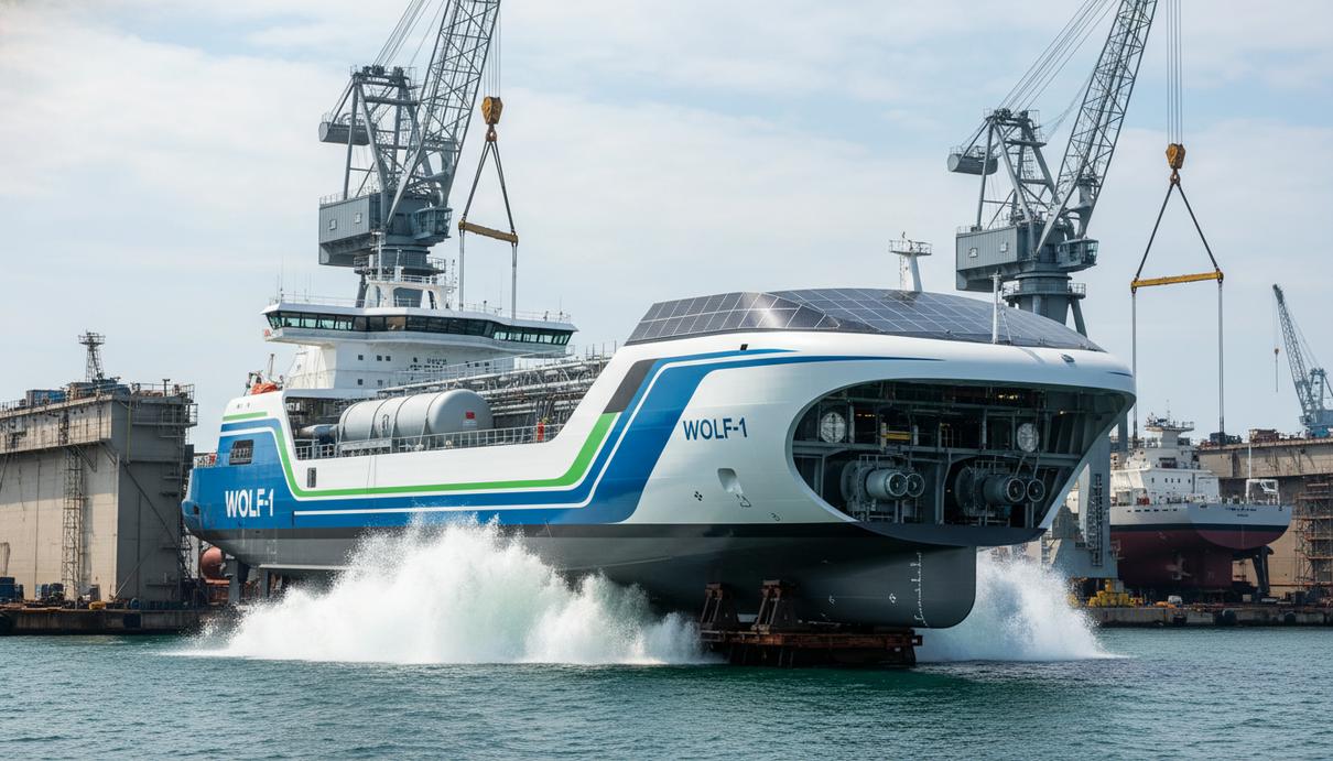 Танкер «Wolf-1» с нулевым выбросом во время спуска на воду на турецкой верфи. Современное судно на фоне промышленных кранов.
