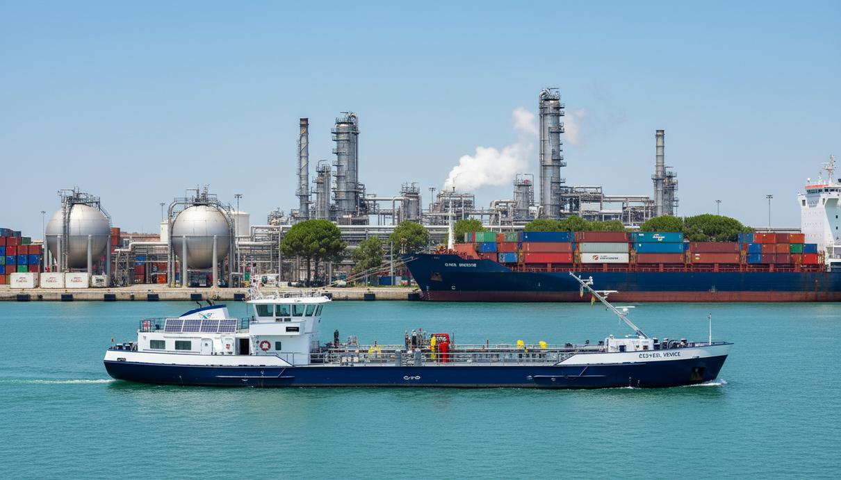 Бункеровочная баржа в промышленном порту Венеции на фоне пришвартованного грузового судна и биоперерабатывающего завода.