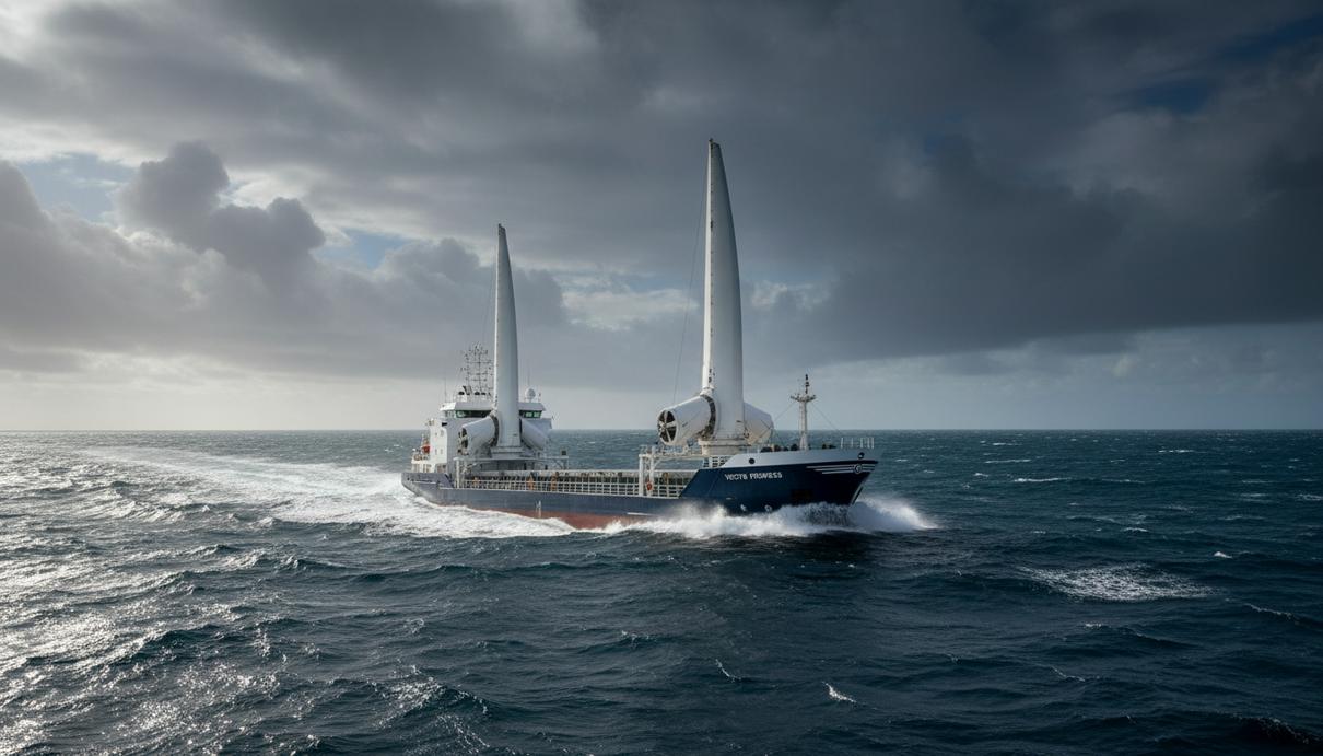 Грузовое судно в открытом море с двумя ветровыми движителями AirWing Jet Sail на палубе, видны волны и облачное небо.