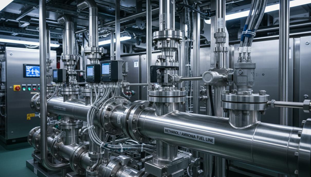 Комплексная система подачи альтернативного топлива с трубопроводами и клапанами в машинном отделении морского судна.