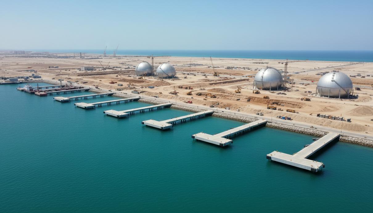 Строительная площадка нового LPG-терминала в порту Халифа, Абу-Даби, с возводимыми глубоководными причалами и основаниями для резервуаров.
