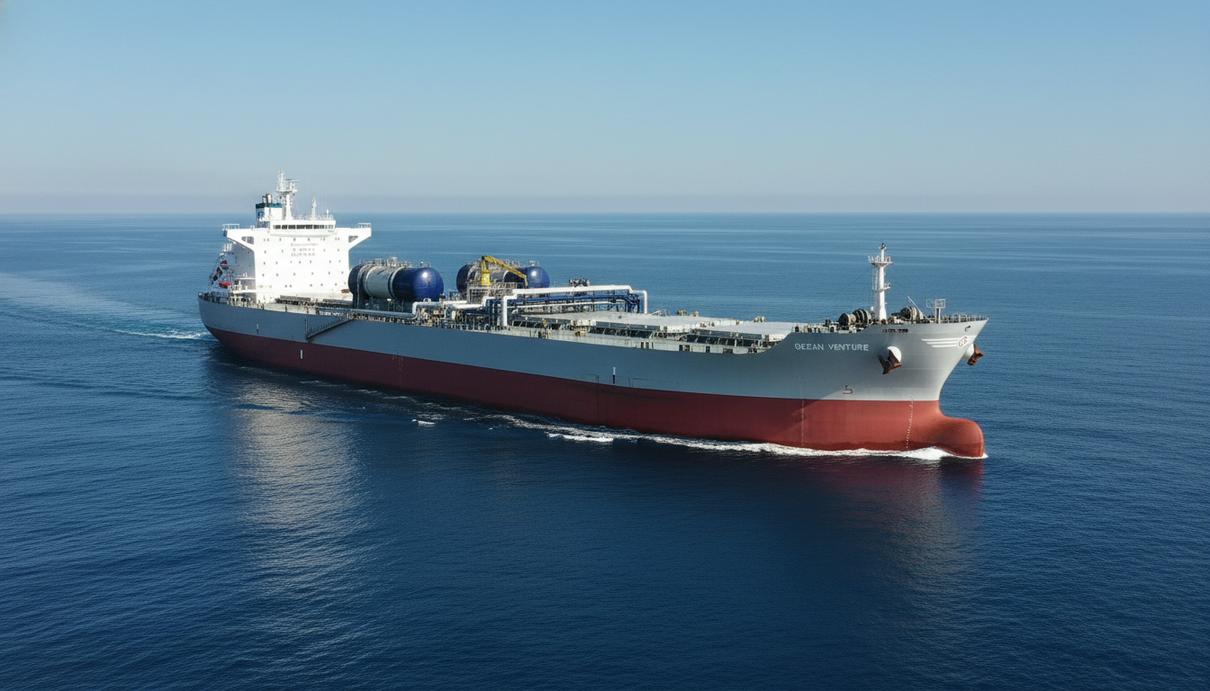 Современный крупнотоннажный сухогруз типа Capesize или VLOC в открытом море с элементами оборудования для работы на чистом топливе.