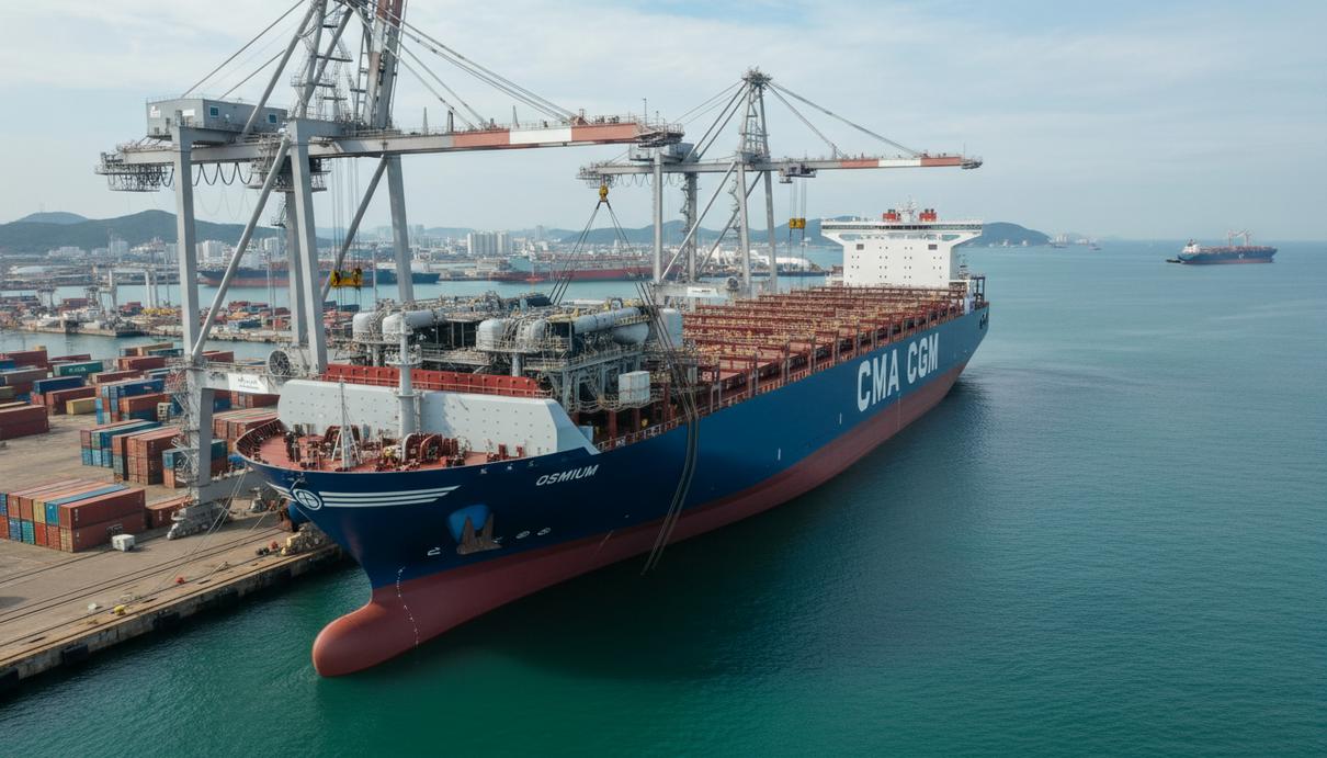 Современный 13-тысячный контейнеровоз CMA CGM OSMIUM с двухтопливным метанольным двигателем на верфи в Южной Корее, окруженный портовой инфраструктурой.