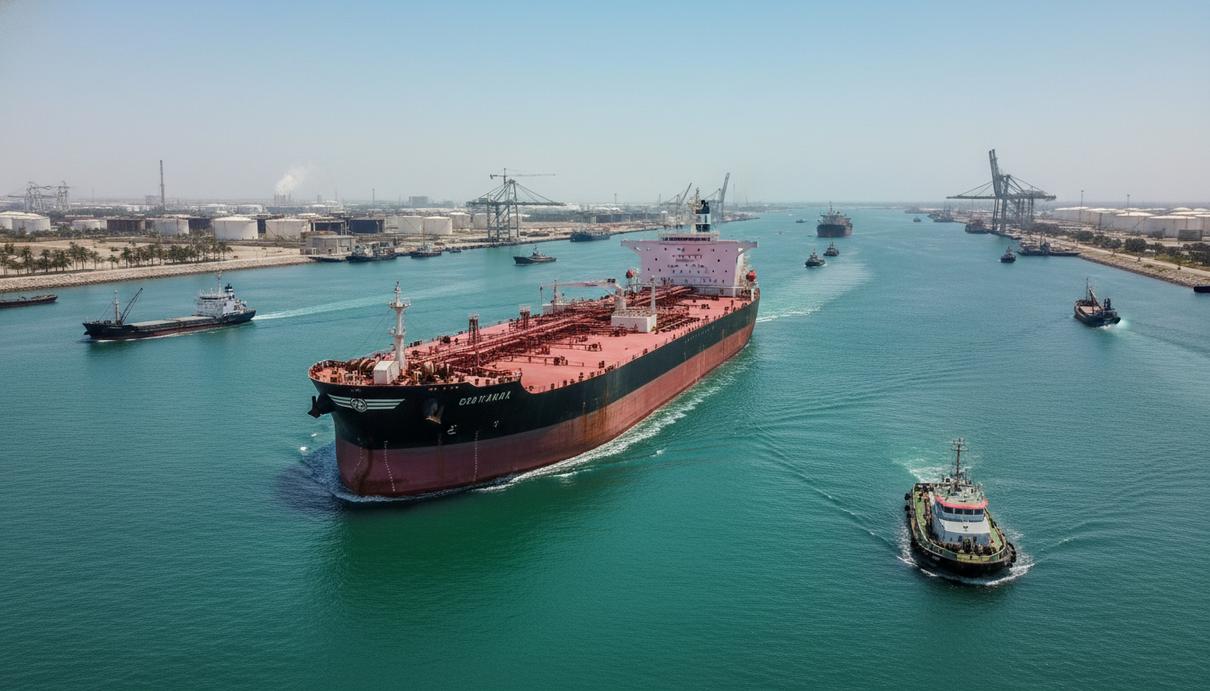 Большой нефтяной танкер проходит через оживленный морской пролив в Персидском заливе. На горизонте виднеется портовая инфраструктура.
