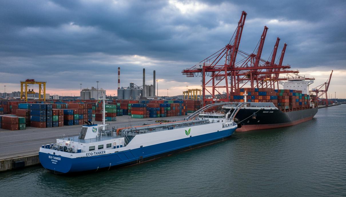 Современная бункеровочная баржа у коммерческого судна в порту Зебрюгге, Бельгия, с видимыми трубопроводами для перекачки топлива на фоне портовой инфраструктуры.