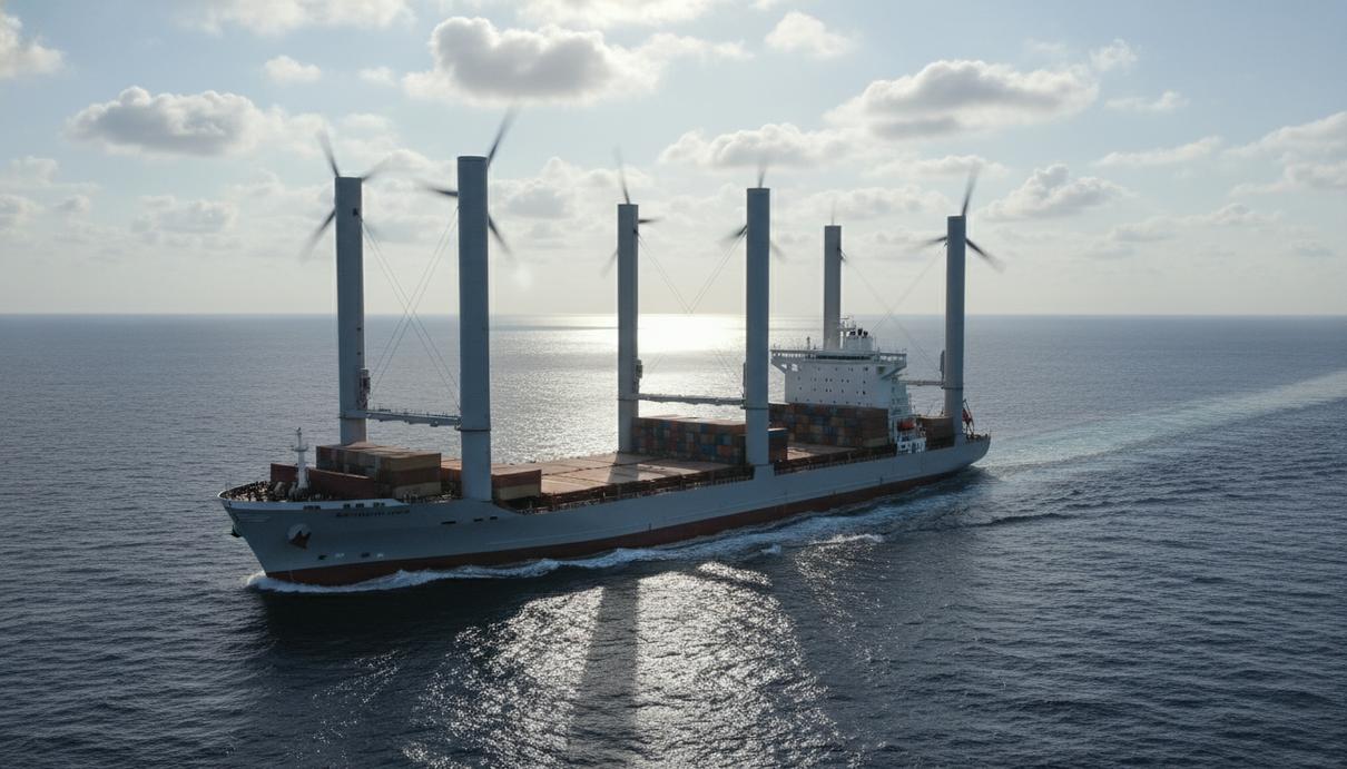 Современный грузовой корабль с несколькими высокими роторными парусами Anemoi на палубе, плывущий в открытом море под частично облачным небом.