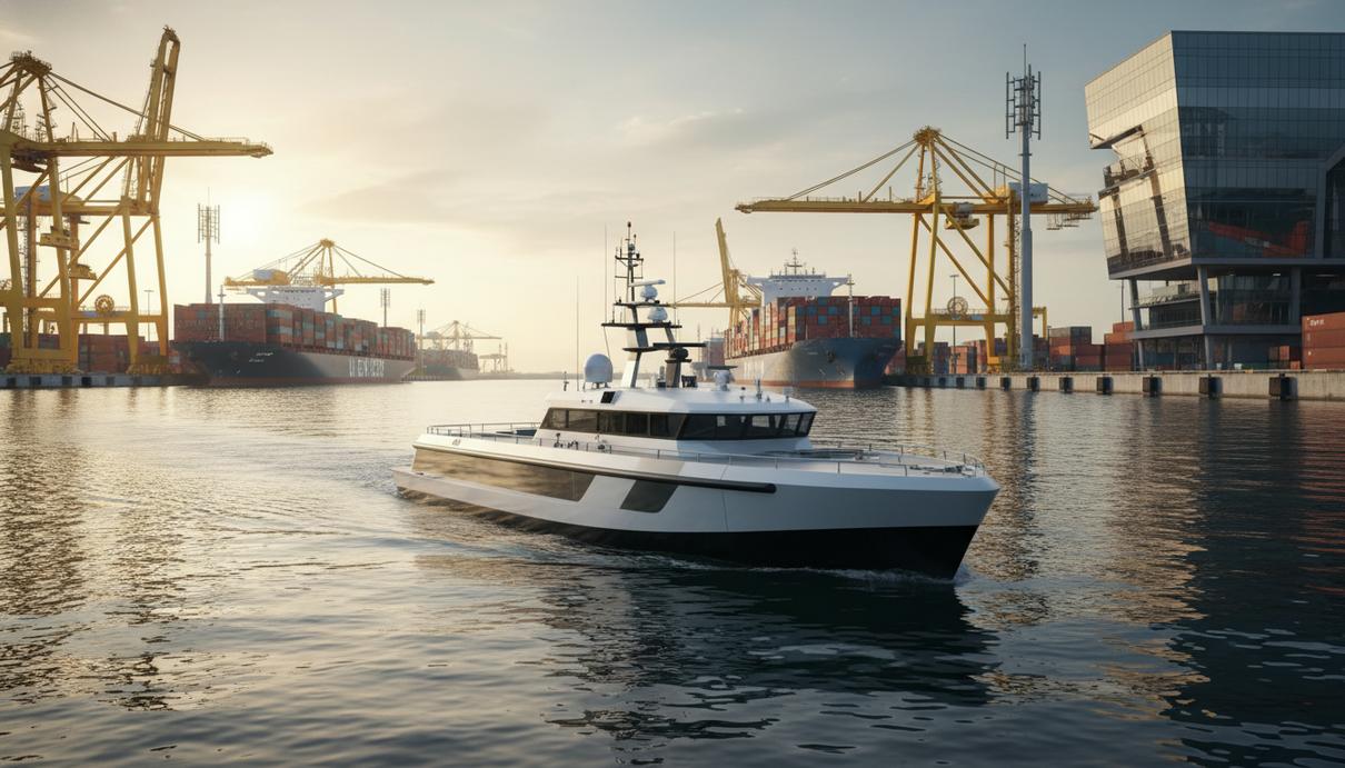 Беспилотное судно (USV) движется по акватории современного порта Сингапура среди контейнеровозов и высоких портовых кранов. На фоне видны вышки 5G-связи, подчеркивающие высокотехнологичную инфраструктуру.