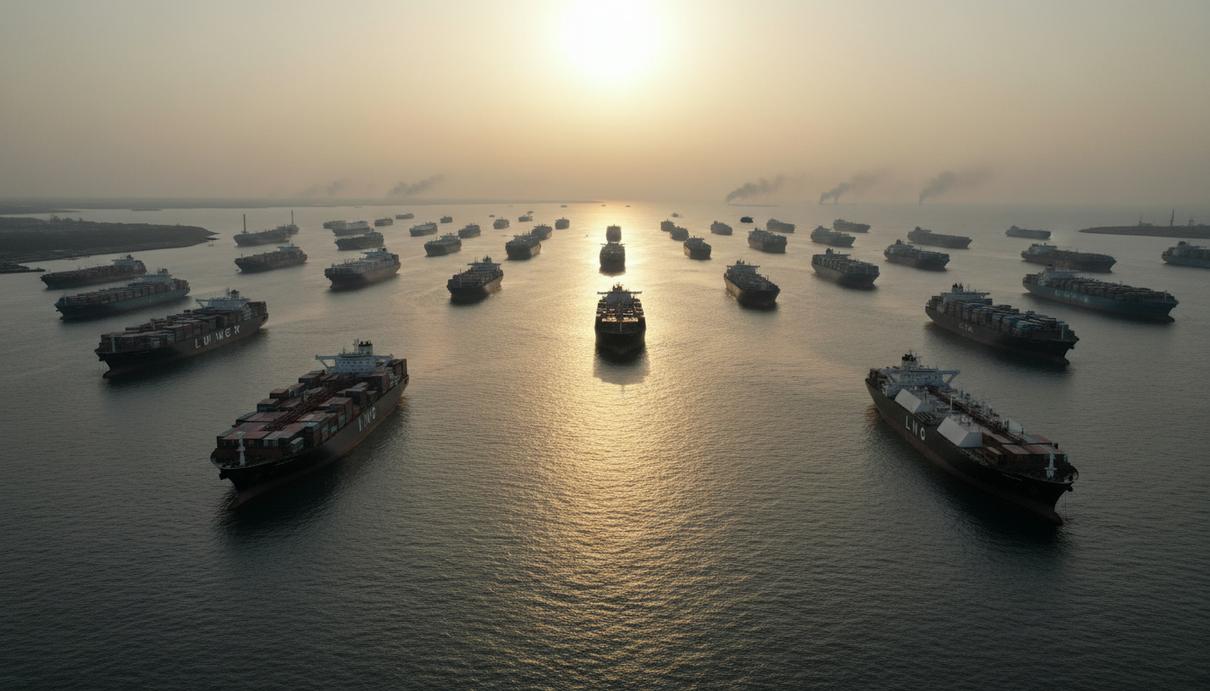 Скопление многочисленных грузовых судов, танкеров и газовозов, стоящих на якоре перед узким морским проливом на закате.