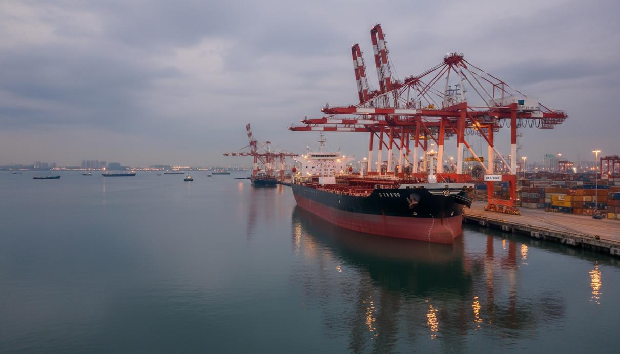 Танкер у причала в порту Сингапура на фоне портовых кранов и контейнеров.