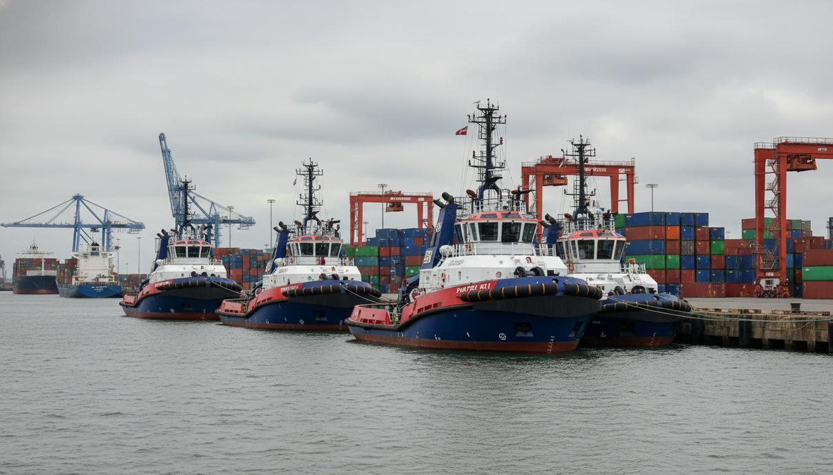 Современные буксиры у причала в порту Гамбурга на фоне контейнеров и грузовых кранов.