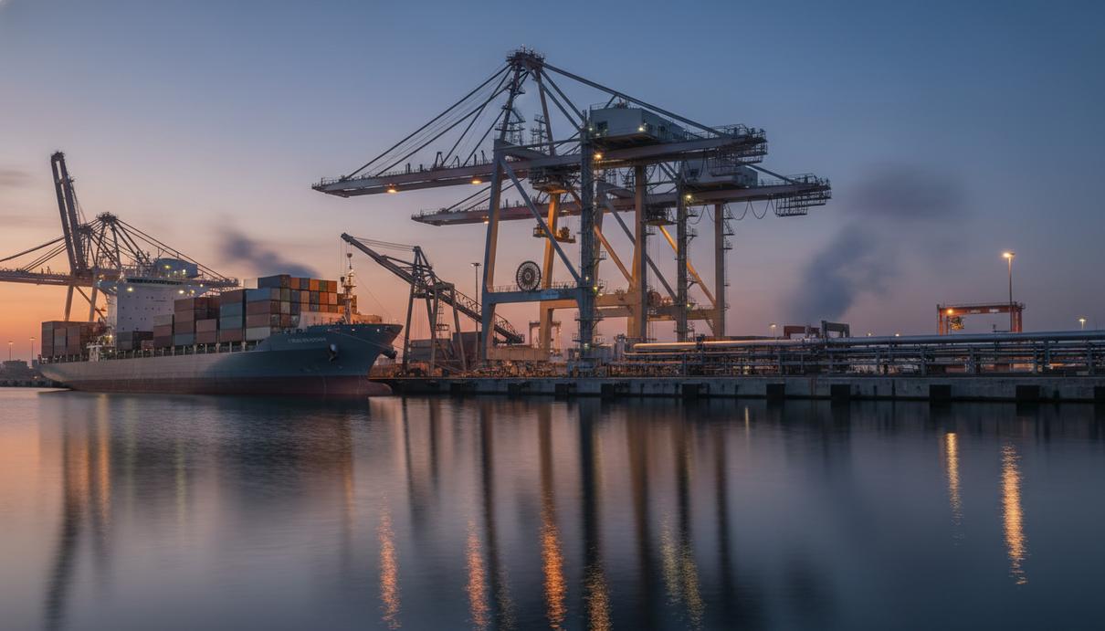 Грузовое судно у топливного причала в промышленном порту в вечернее время