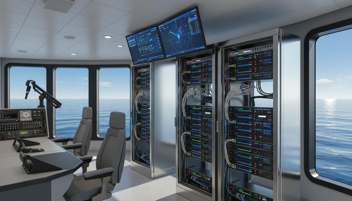 Современное серверное оборудование и системы связи внутри капитанской рубки с видом на открытое море через окно