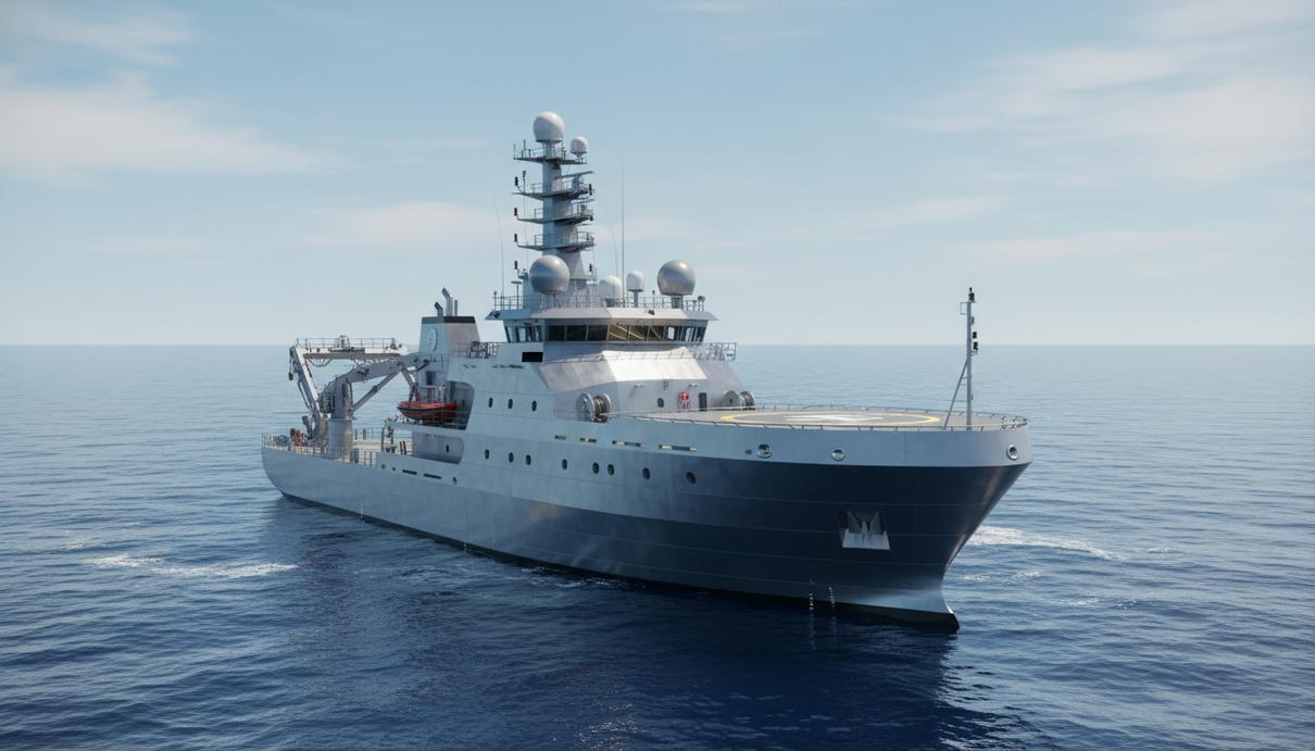 Белое научно-исследовательское судно с современным оборудованием и антеннами на палубе в открытом море