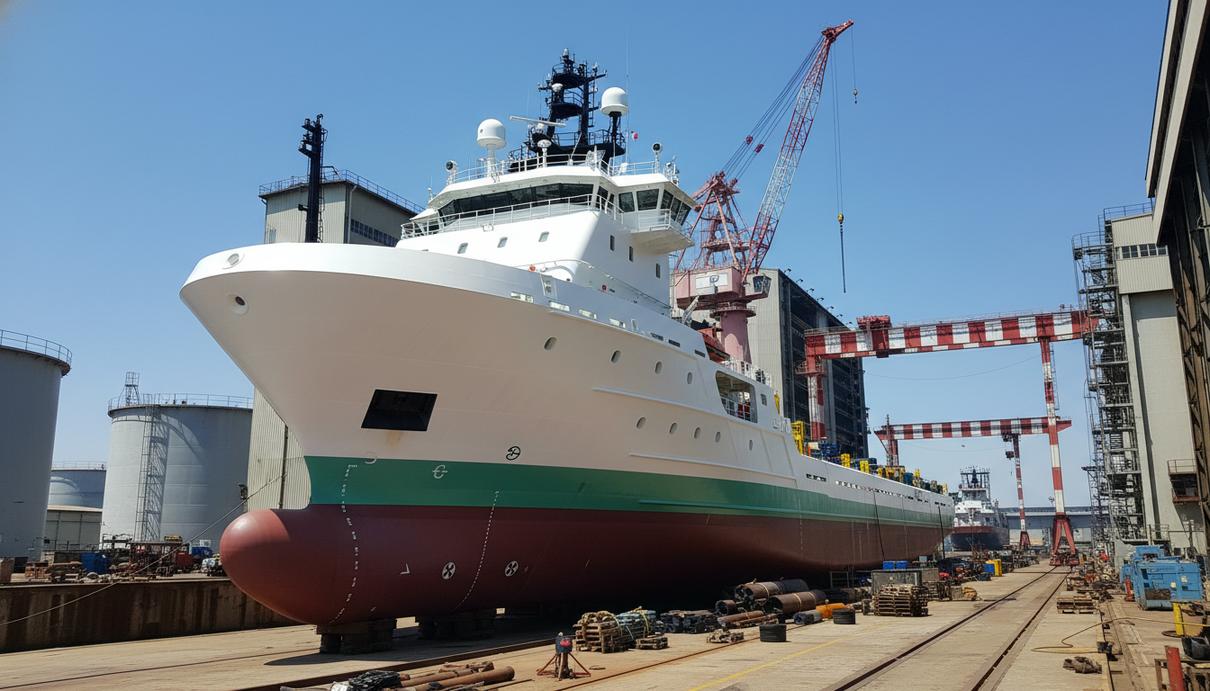 Современное морское судно снабжения платформ у причала на фоне портовых конструкций