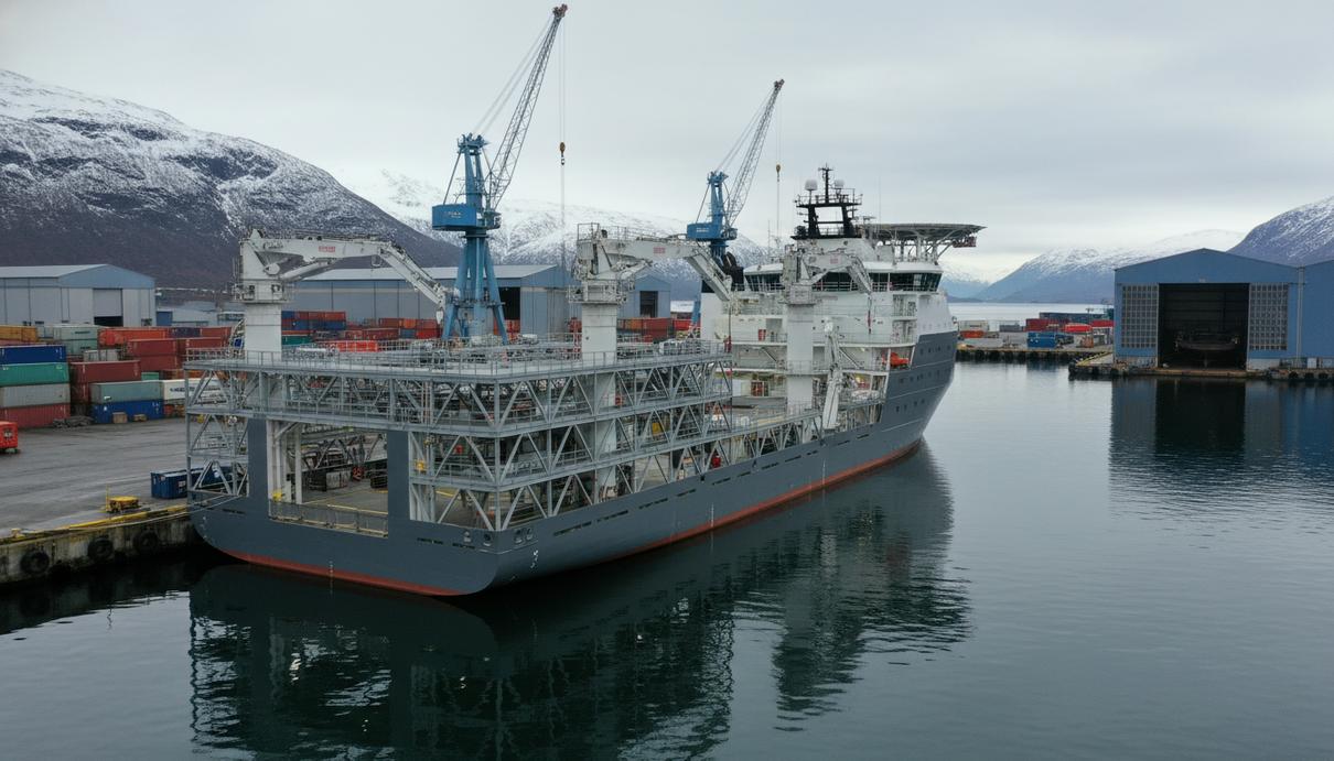 Специализированное морское судно с глубоководным оборудованием у причала промышленного порта