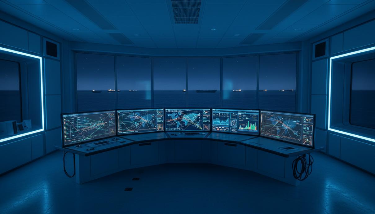 Вид на мониторы с картами и графиками в центре управления морским флотом на фоне окна с видом на море