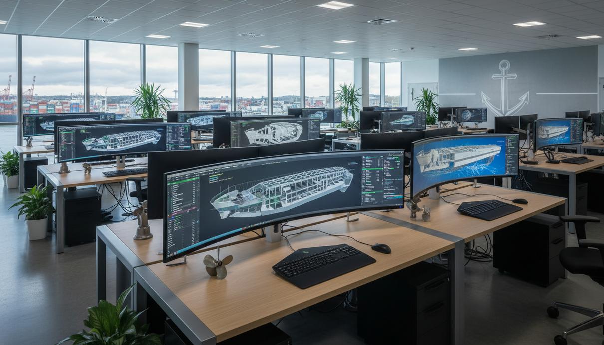 Мониторы в инженерном офисе с трехмерными моделями судов и данными технического анализа