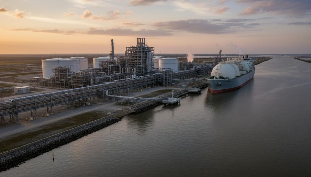 Golden Pass LNG: в Техасе началось производство на экспортном терминале Промышленный комплекс терминала сжиженного природного газа в Техасе с резервуарами и причалом для судов.