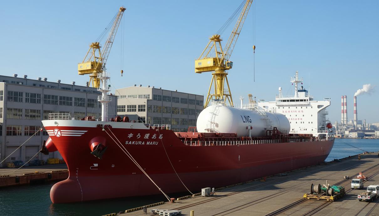 Tsuneishi Shipbuilding: сдача первого в мире балкера Kamsarmax на СПГ Балкер Oceana Frontier у причала судостроительного завода с установленным на палубе баком для газа