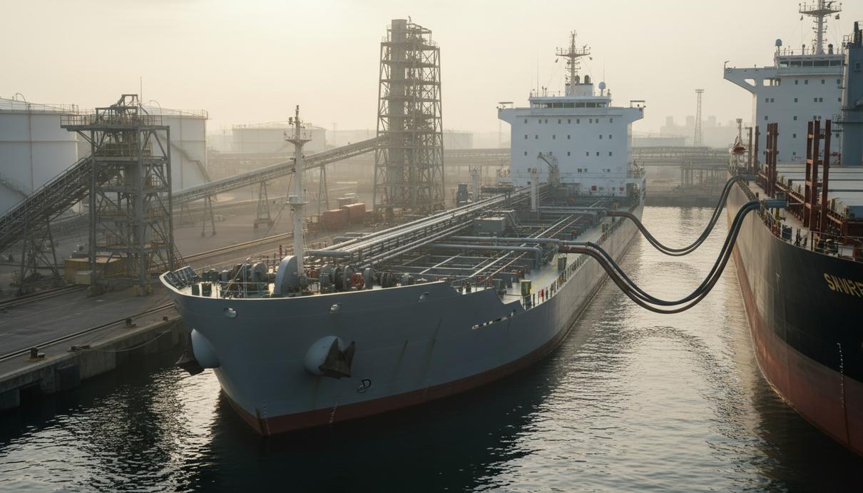 В руководстве Международной ассоциации бункерной индустрии произошла ротация Современное судно-бункеровщик в портовом терминале, процесс перекачки топлива через промышленные шланги