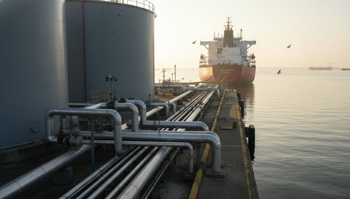 Индустриальный морской терминал с системой трубопроводов и резервуарами для заправки судов топливом
