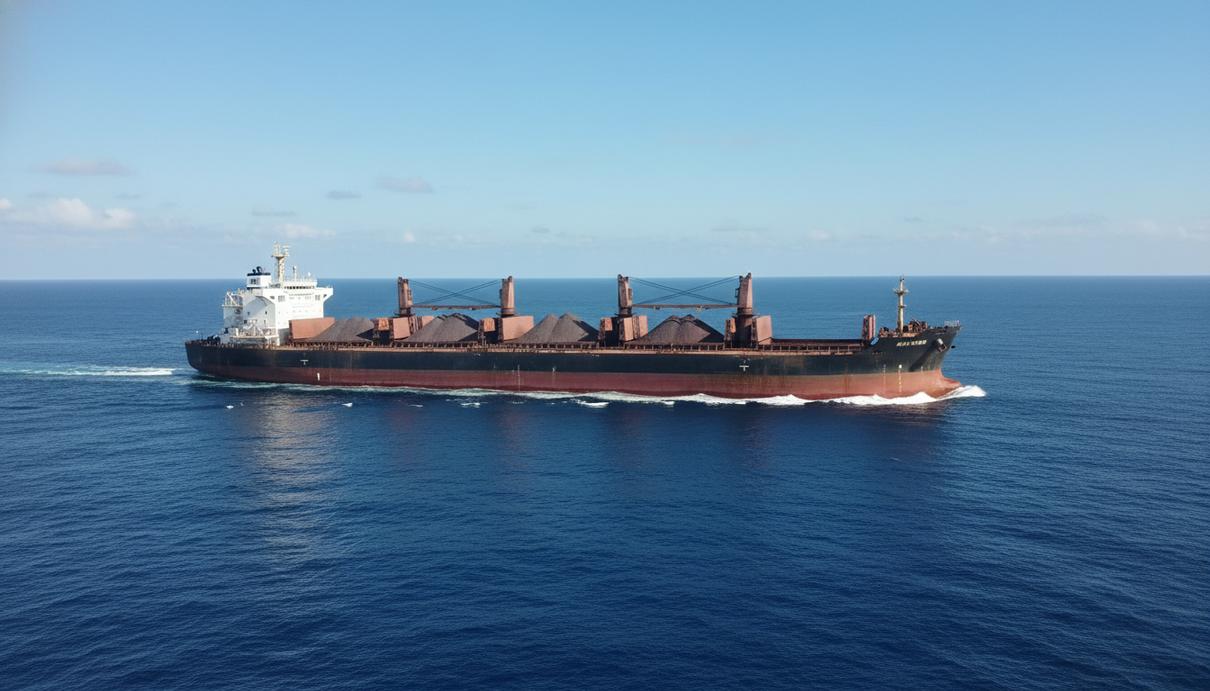 NYK Group: консолидация балкерных активов в новой структуре Массивный сухогруз с углем в открытом море при дневном освещении на фоне горизонта.