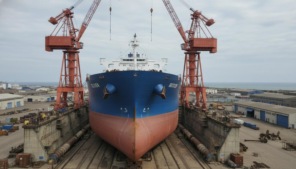 Заказ Hafnia: восемь новых танкеров за 405 млн долларов Продуктовый танкер в промышленном сухом доке на фоне судостроительных кранов