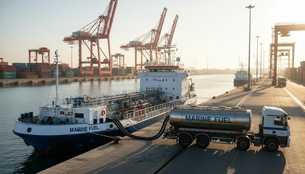 Бункеровочное судно и бензовоз в промышленном порту на фоне морского залива и причальных кранов