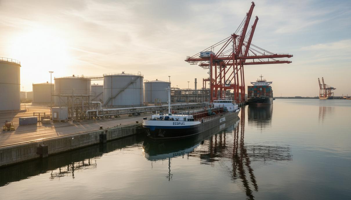 Назначение в Burando Energies: переход к метанолу возглавит Валери Аренс Бункеровочная баржа для метанола у причала в морском порту на фоне промышленных кранов