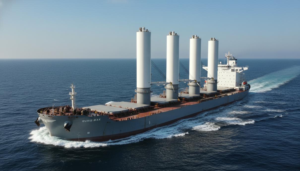 Vale и Shandong Shipping построят первые в мире сухогрузы на этаноле Океанский сухогруз класса Guaibamax с пятью роторными парусами на палубе в открытом море.