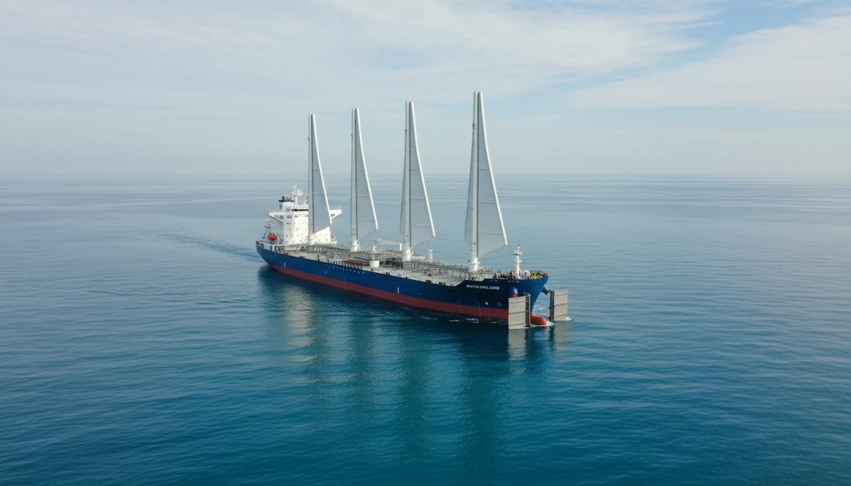 Современный танкер-химовоз с четырьмя вертикальными парусами-крыльями в открытом море