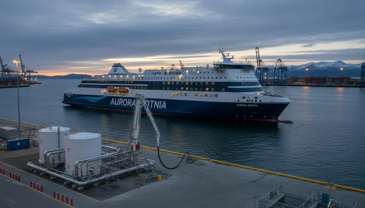 Гибридный паром у причала промышленного порта в сумерках во время заправки топливом