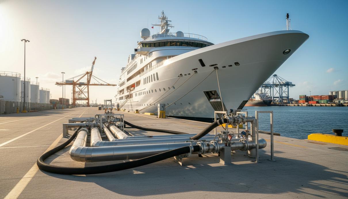 Белая круизная суперъяхта у причала порта Эверглейдс в процессе заправки сжиженным природным газом через береговой терминал.