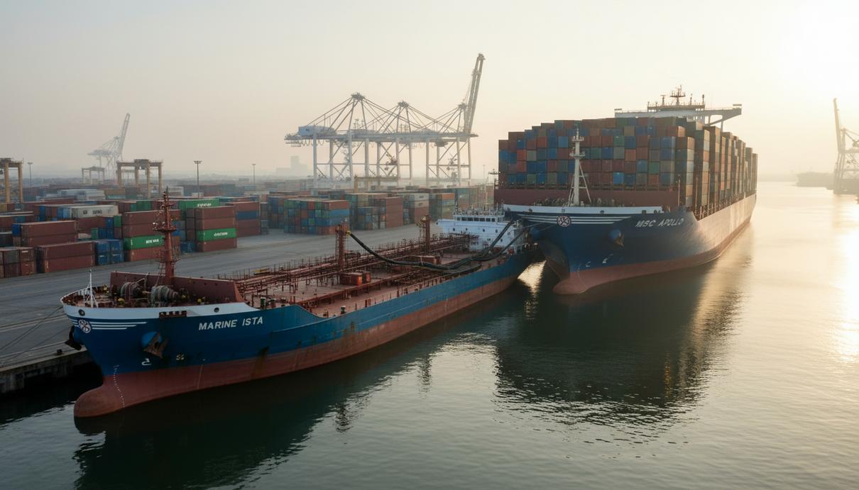 Бункеровщик Marine ISTA заправляет топливом контейнеровоз MSC Apollo в порту Карачи