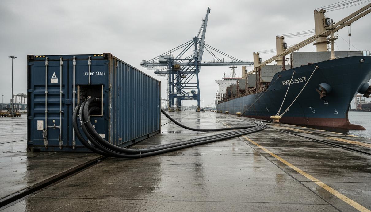 Контейнерная установка берегового питания с подключенными кабелями на причале морского порта.