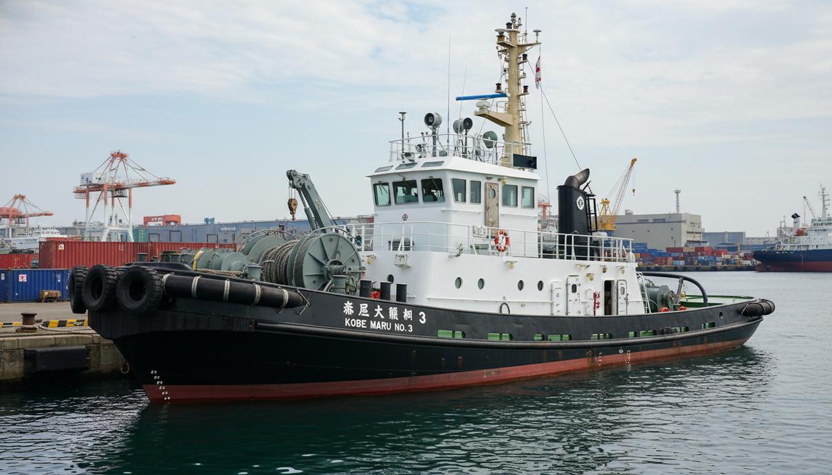 Современный японский буксир белого цвета стоит у причала в промышленном порту Кобе