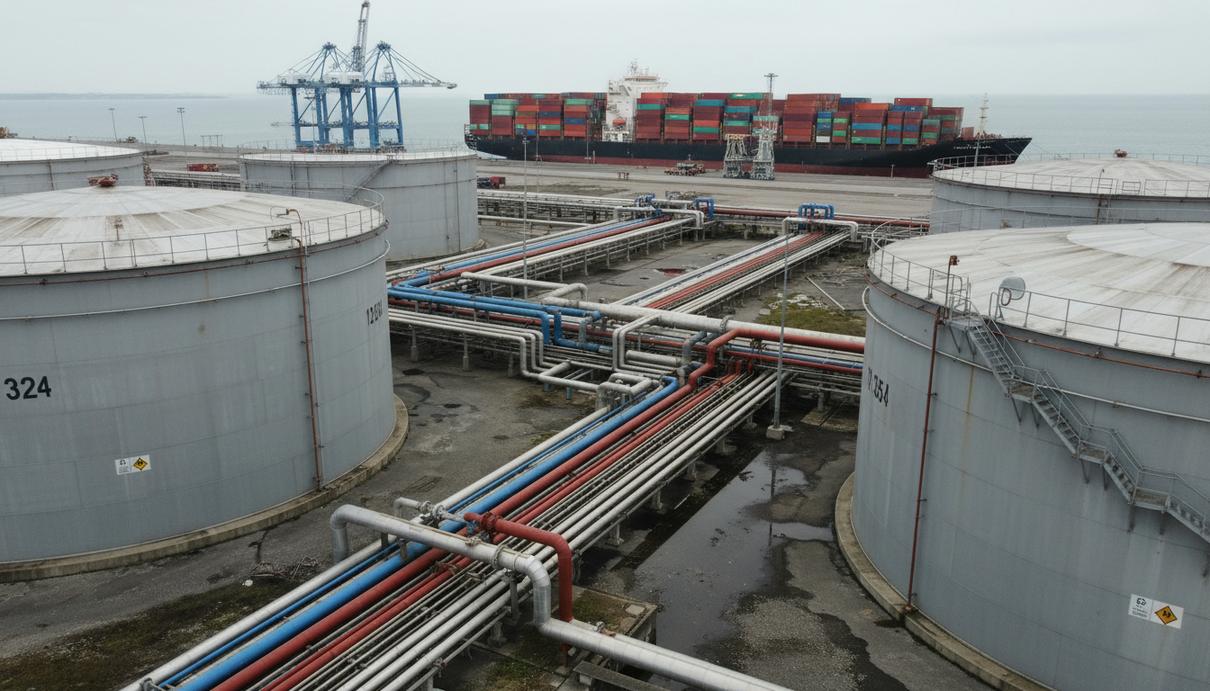 Промышленные резервуары и трубопроводы топливного терминала в морском порту на фоне грузового судна