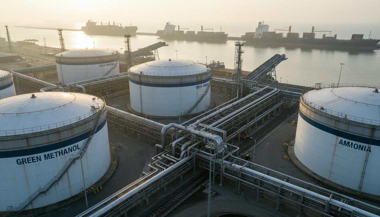 Складские терминалы и трубопроводы для морского экологичного топлива на фоне грузового порта.