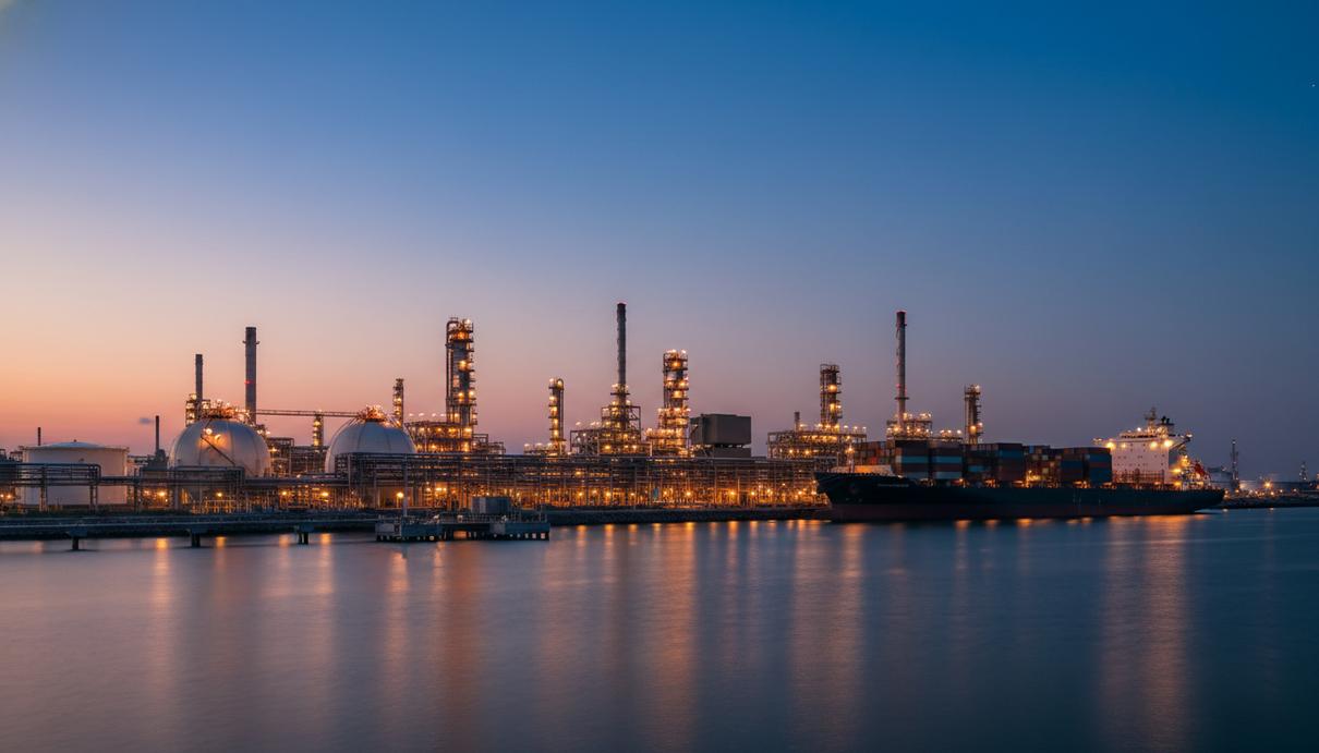 Промышленный пейзаж нефтеперерабатывающего завода в Сингапуре с резервуарами для нефти и грузовым судном у причала.