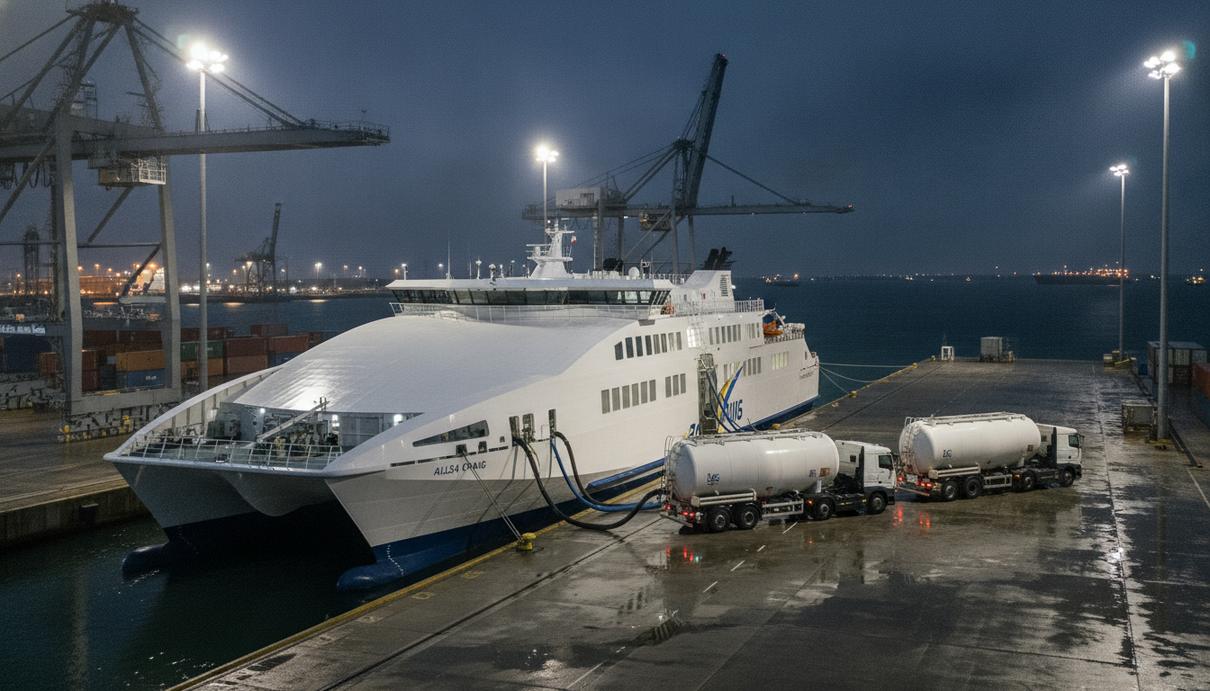 Белый скоростной паром у причала порта Лас-Пальмас во время заправки сжиженным газом из автоцистерн