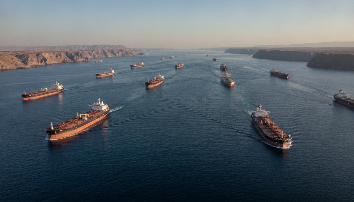 Нефтяные танкеры и сухогрузы в Ормузском проливе на фоне скалистого побережья и синей воды.
